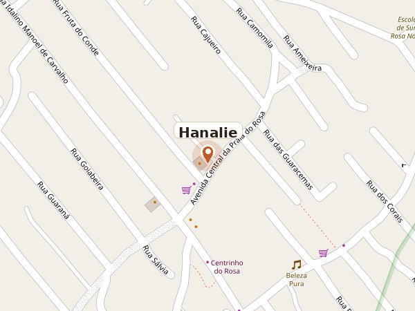 Mapa mostrando a localização da Pousada Hanalie na Av. Central da Praia do Rosa